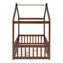 Twin Size Wood Bed House Bed Frame with Fence, for Kids, Teens, Girls, Boys, Walnut