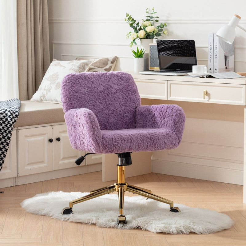 Office Chair, Artificial Rabbit Hair Home Office Chair With Golden Metal Base, Adjustable Desk Chair Swivel Office Chair, Vanity Chair