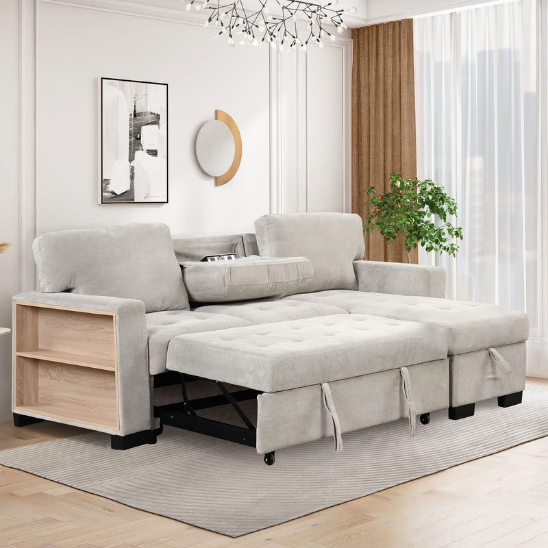 Stylish And Functional Light Chaise Lounge Sectional With Storage Rack Pull-Out Bed Drop Down Table And USB Charger