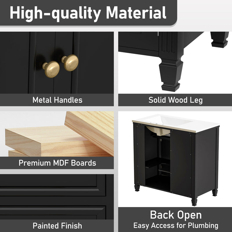 Modern Bathroom Vanity With Ceramic Sink, Freestanding, One Tip Out Drawer, 3 Side Drawers, Adjustable Shelf