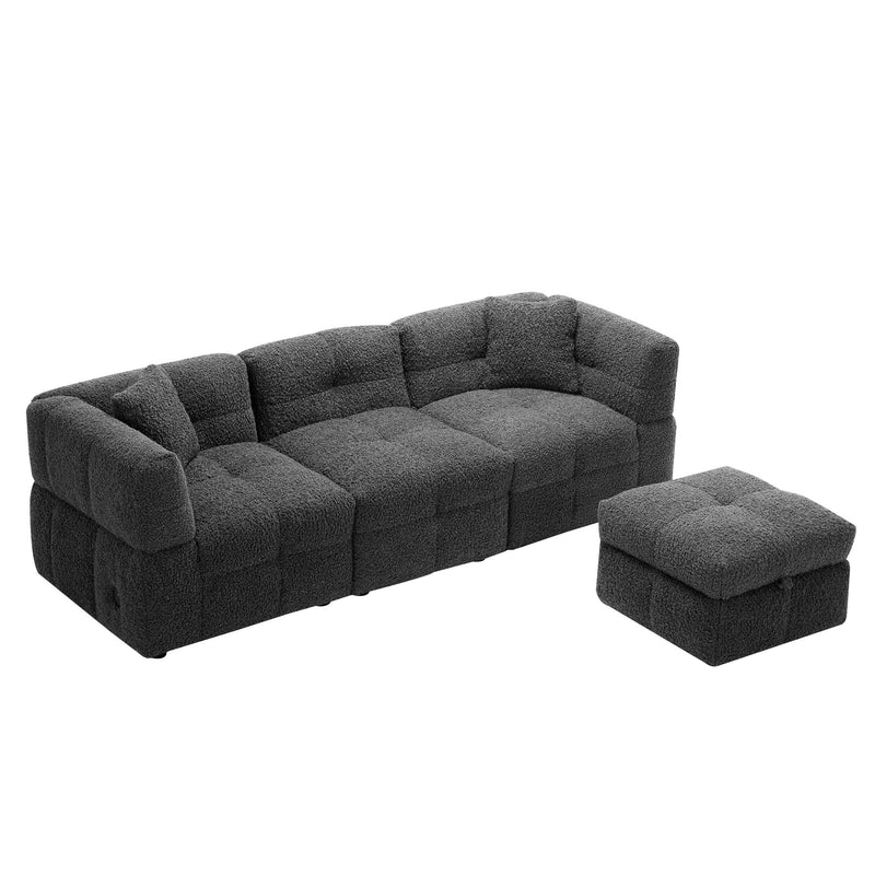 Sectional Sofa Cozy Teddy Fleece Sectional Sofa Couch With Two USB Ports A Movable Storage Ottoman And Two Lumbar Pillows For Living Room