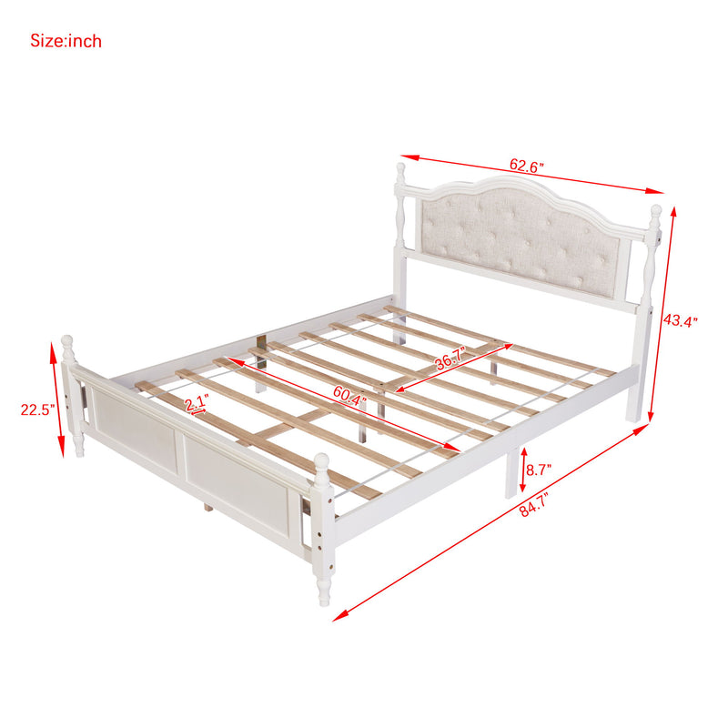 Pine Wooden Bed With Upholstered Headboard And Panel Footboard, With Two Bed Rail Support Feet And Central Platform Support Feet