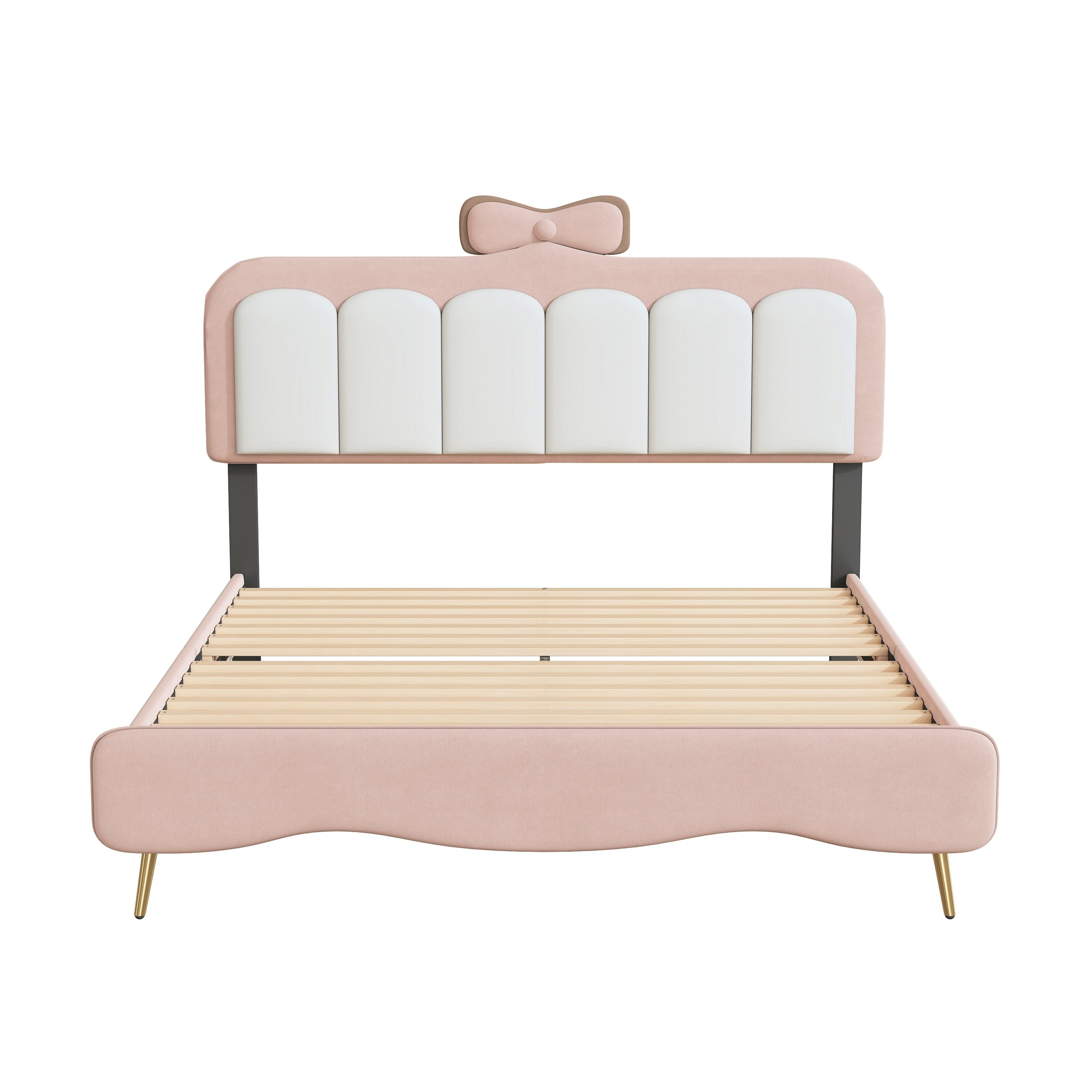 Full size Velvet Princess Bed With bow-knot Headboard,Full Size Platform Bed with Headboard and Footboard,White+Pink