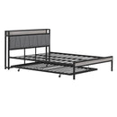 Queen Size Metal Platform Bed Frame with Twin size trundle, Upholstered headboard, Sockets, USB Ports and Slat Support, No Box Spring Needed, Black