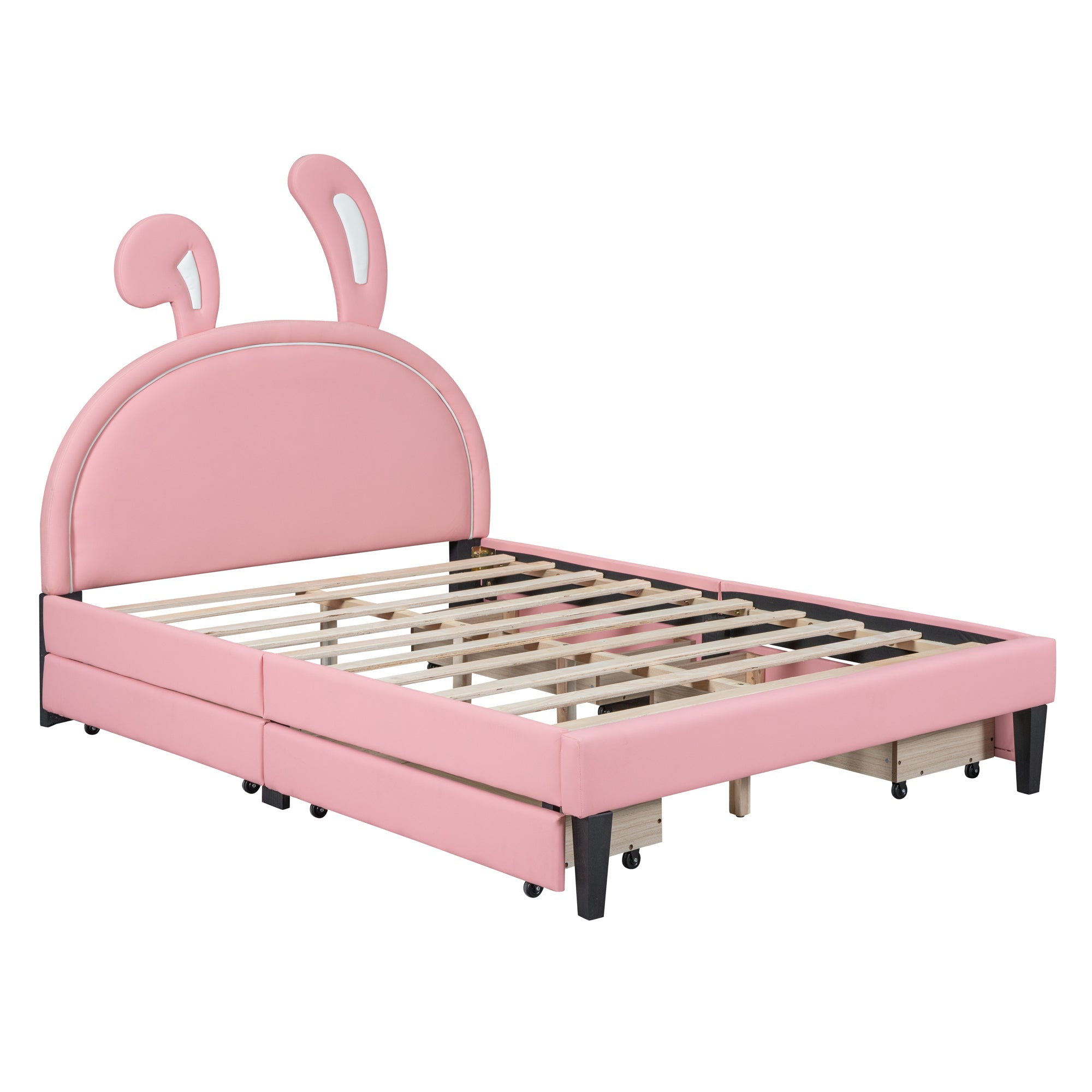 Full Size Upholstered Leather Platform Bed with Rabbit Ornament and 4 Drawers, Pink - Atlantic Fine Furniture Melbourne FL