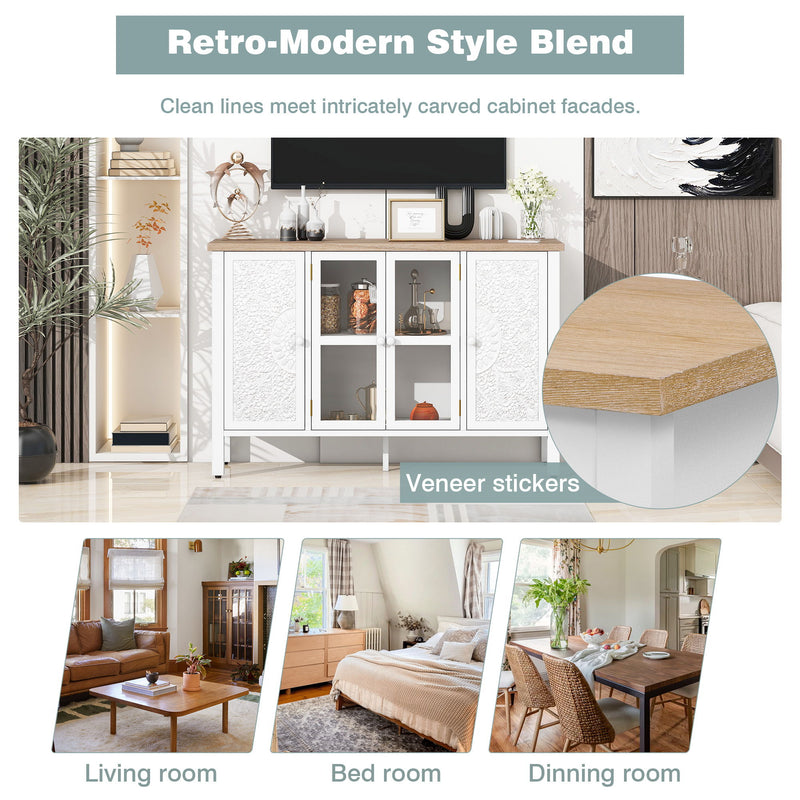 Retro TV Stand With 3 Spacious Cabinets, Glass Cabinet Doors And Anti-Tip Device