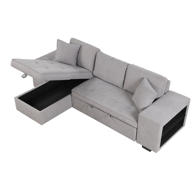 Pull Out Sleeper Sofa Reversible L-Shape 3 Seat Sectional Couch With Storage Chaise And 2 Stools For Living Room Furniture Set - Gray