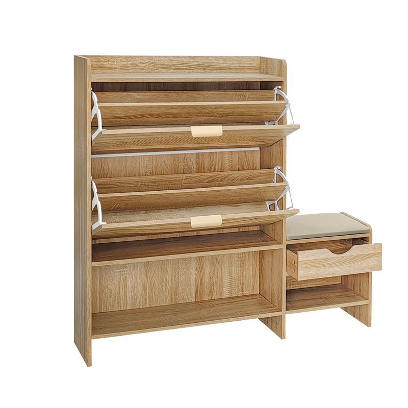 Shoe Storage Cabinet Rattan Shoe Storage Organizer With 2 Flip Drawers, A Storage Drawer And A Bench For Entryway, And Hallway - Light Brown