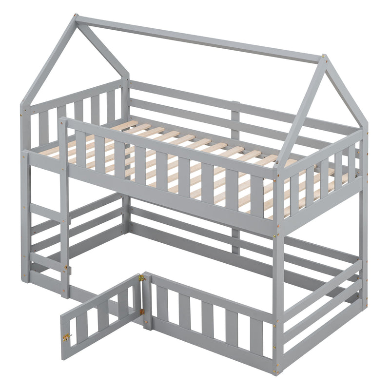 Twin Over Twin House Bunk Bed With Fence And Door - Gray