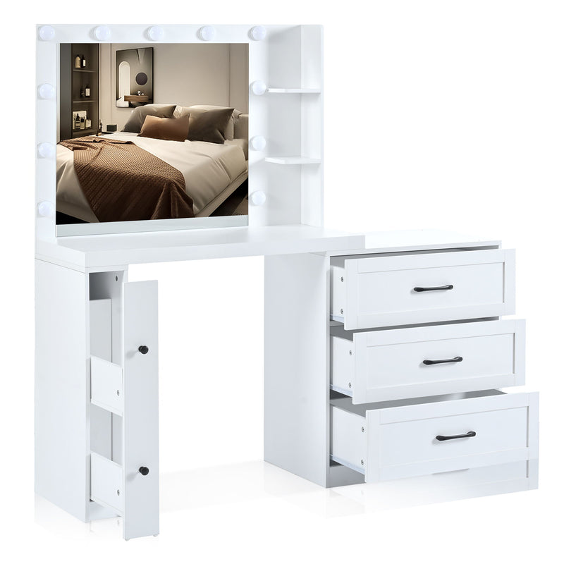 Vanity Desk With Freely Adjustable Side Cabinet, Makeup Vanity With Hollywood Lights, 5 Storage Drawers & 2-Shelves, Modern Dressing Table - White