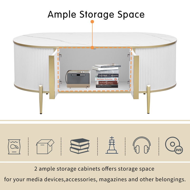 Modern Luxury Oval Shaped Fluted Coffee Table, Marble - Patterned Top Coffee Table With 2 Cabinets, Metal Legs And Handles For Living Room