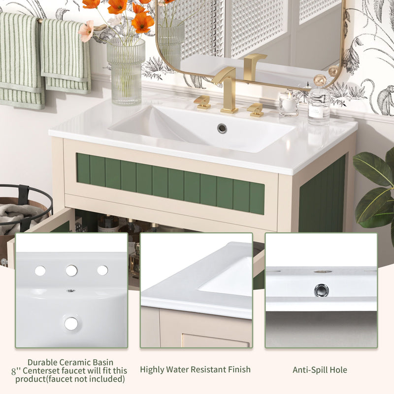 Bathroom Vanity Cabinet With Ceramic Sink Combo Set, Frame Modern Bathroom Storage Cabinet With Height Adjustable Shelf - Beige / Green