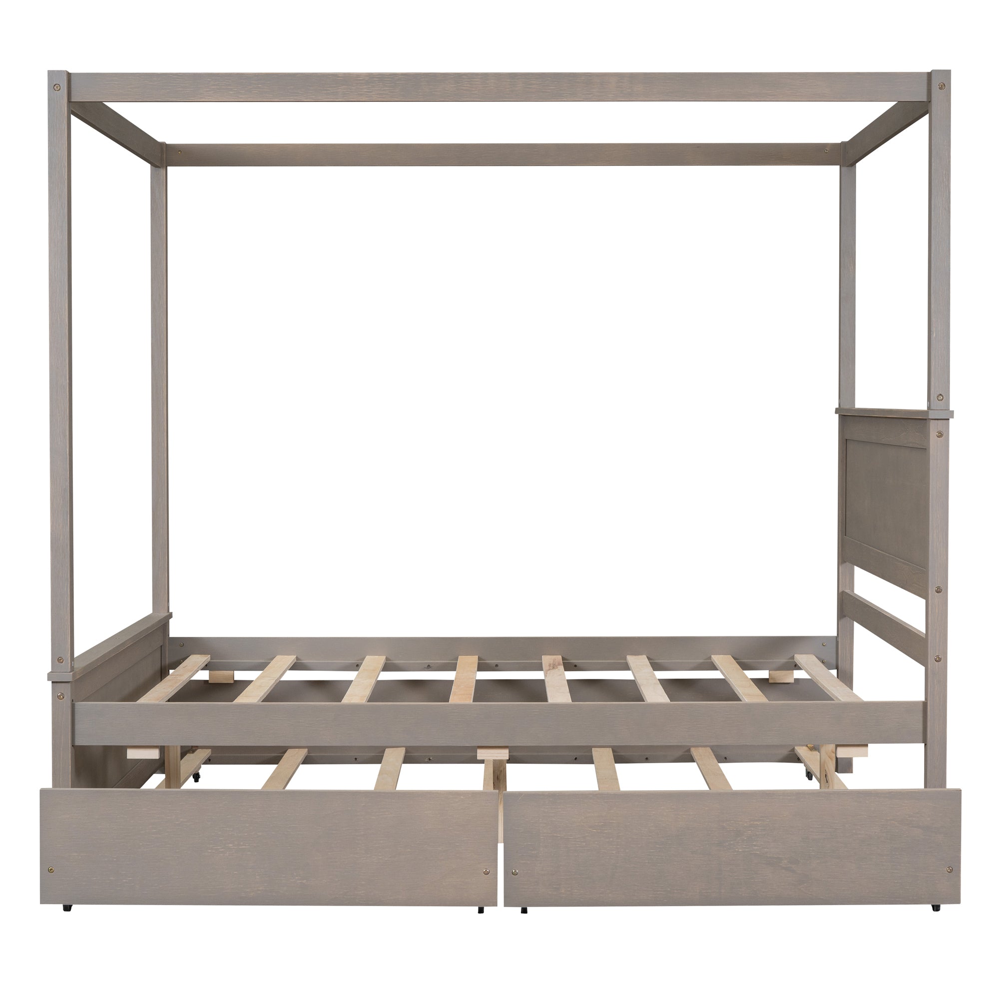 Wood Canopy Bed with Trundle Bed and two Drawers ,Full Size Canopy Platform bed With Support Slats .No Box Spring Needed, Brushed Light Brown - Atlantic Fine Furniture Melbourne FL