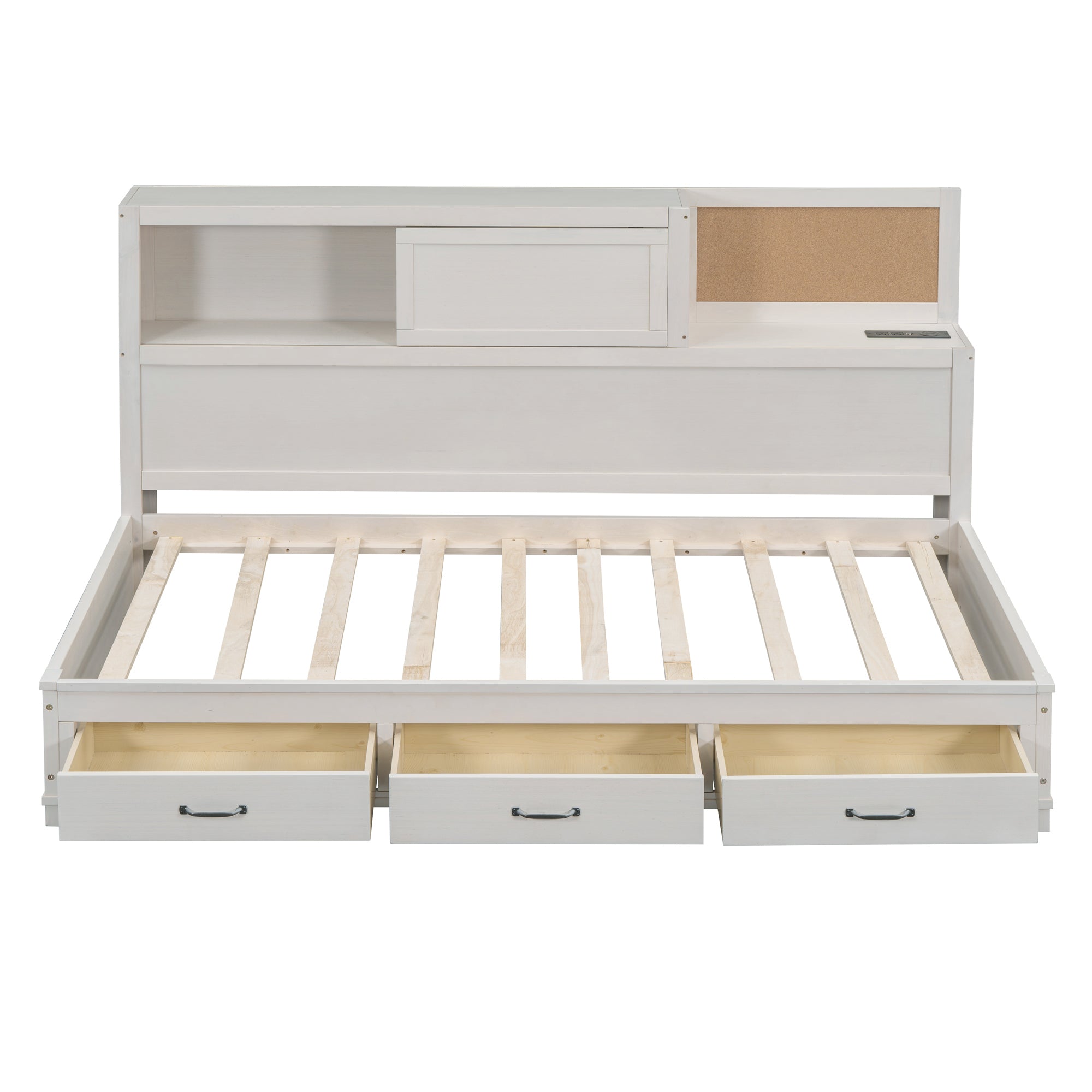 Twin Size Wooden Daybed with 3 Storage Drawers, Upper Soft Board, shelf, and a set of Sockets and USB Ports, White