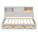 Twin Size Wooden Daybed with 3 Storage Drawers, Upper Soft Board, shelf, and a set of Sockets and USB Ports, White