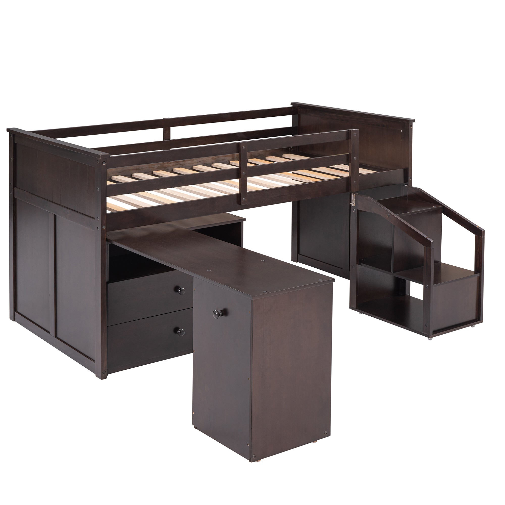 Loft Bed Low Study Twin Size Loft Bed With Storage Steps and Portable,Desk,Espresso(OLD SKU: LT000101AAP) - Atlantic Fine Furniture Melbourne FL