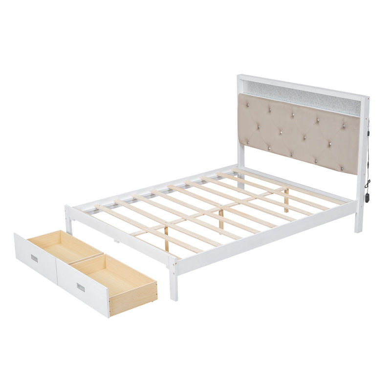 Elegant Wood Queen Size Platform Bed With Upholstered Headboard Led And Storage Drawers In Antique - Antique White