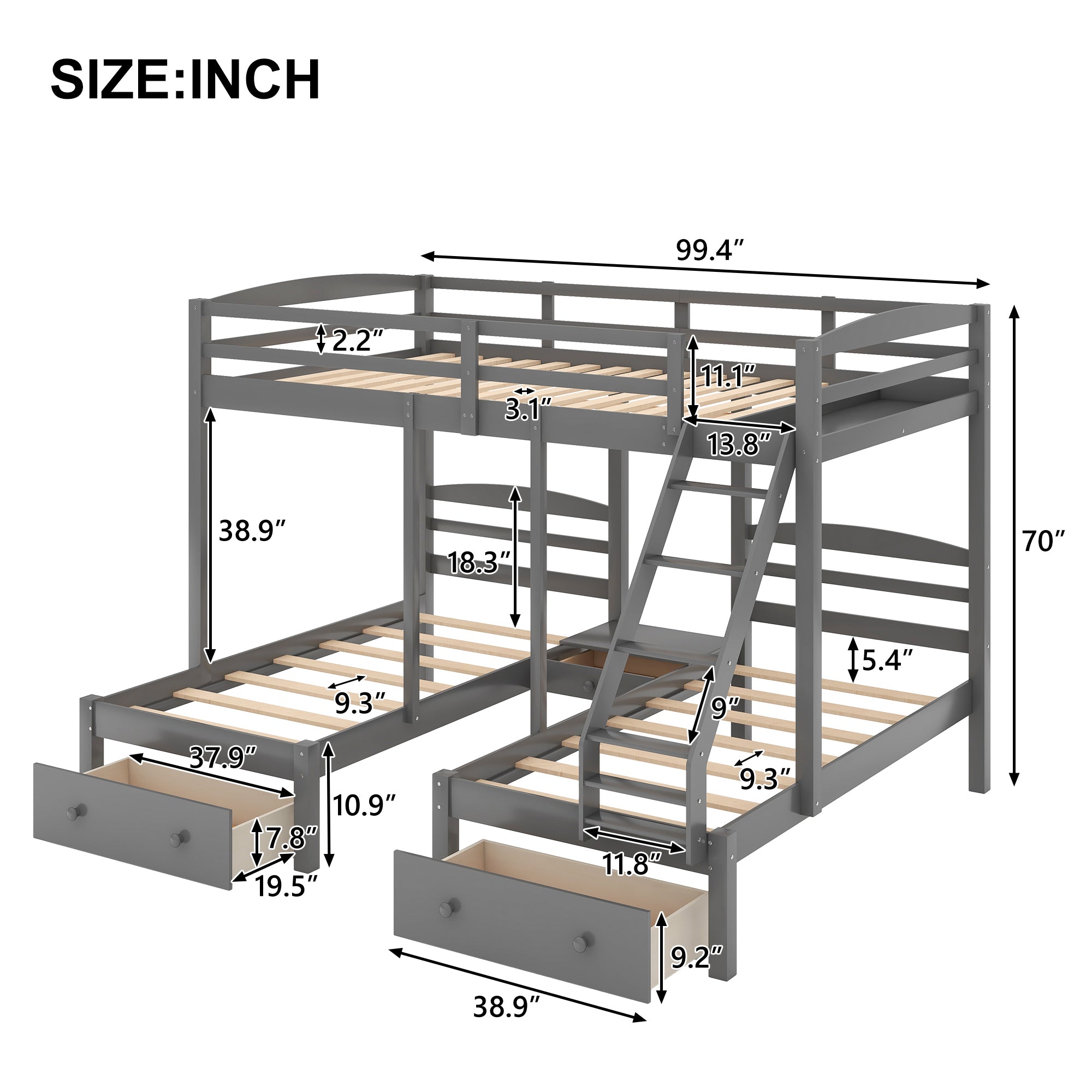 Full over Twin & Twin Bunk Bed,Triple Bunk Bed with Drawers, Gray - Atlantic Fine Furniture Melbourne FL