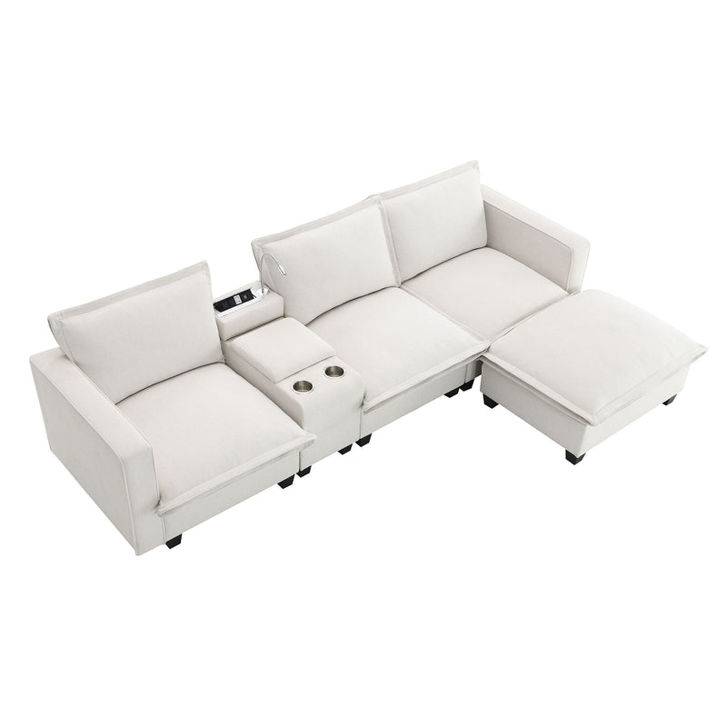 Modern Sectional Cloud Sofa With Console, USB Charging Port, Reading Light, Cup Holder, 4 Seat Chenille Modular Couch, Storable Indoor Funiture For Living Room, Apartment