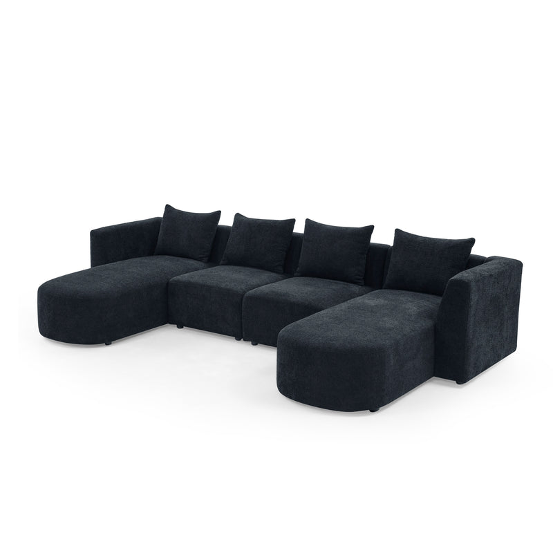 U Shape Sectional Sofa including Two Single Seats and Two Chaises, Modular Sofa, DIY Combination, Loop Yarn Fabric, Black