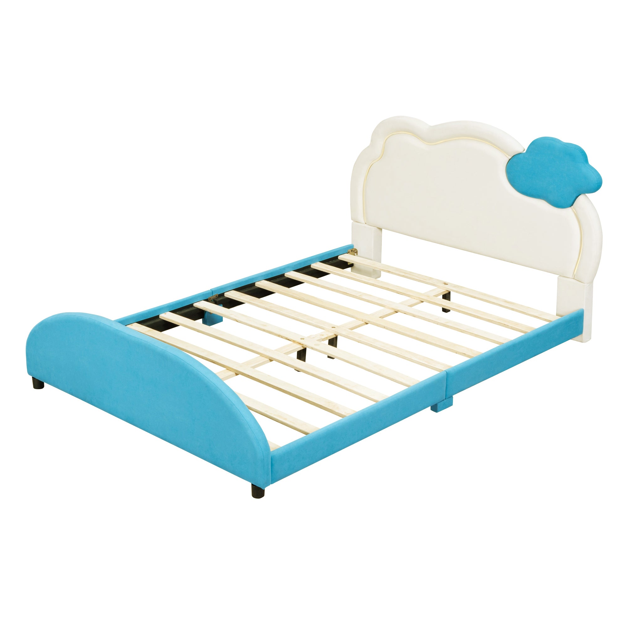 Full Size Upholstered Platform Bed with Cloud-Shaped Headboard and Embedded Light Stripe, Velvet, Blue - Atlantic Fine Furniture Melbourne FL
