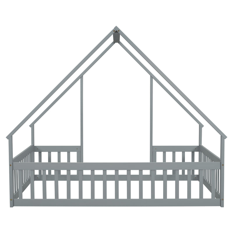 Wood House-Shaped Floor Bed With Fence, Guardrails