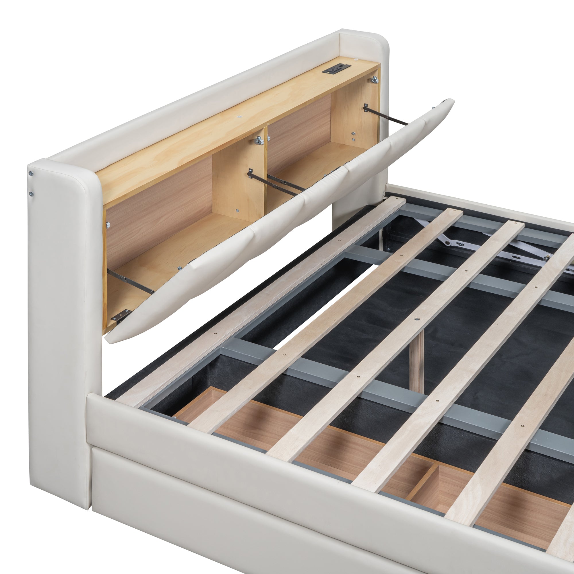 Queen Size & Twin XL Size Upholstered Platform Bed, Mother & Child Bed with Hydraulic Storage System, Drawer Box, Bedhead storage shelf and Two pairs of sockets & USB Ports, PU Leather, Beige