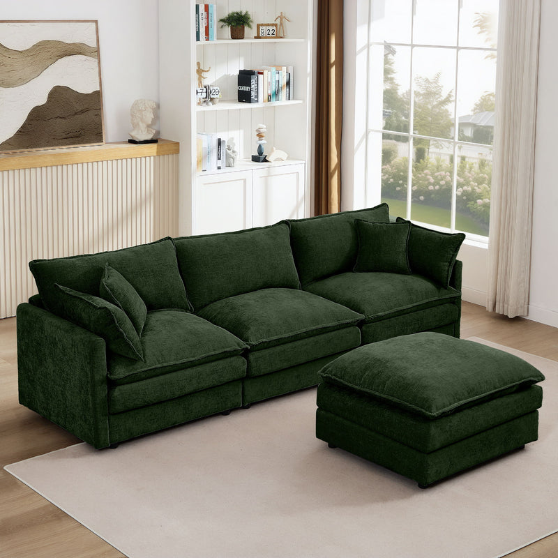 Modular Sectional Sofa 3 Seater L-Shaped Couch Set With Movable Ottoman - Green