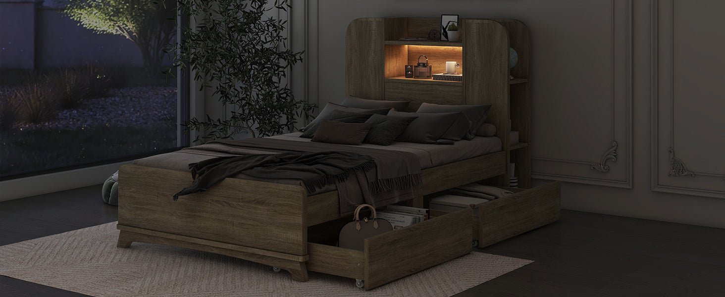 Twin Size Storage Platform Bed Frame with with Two Drawers and Light Strip Design in Headboard,Natural - Atlantic Fine Furniture Melbourne FL
