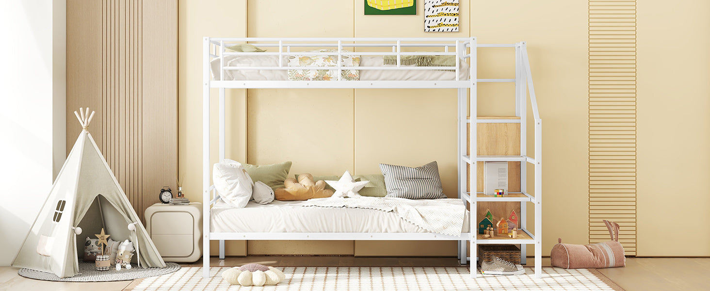 Twin Over Twin Metal Bunk Bed with Lateral Storage Ladder and Wardrobe, White - Atlantic Fine Furniture Melbourne FL