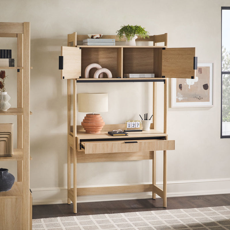 Transitional Reeded Desk With Hutch And Drawers Plus Tech Management