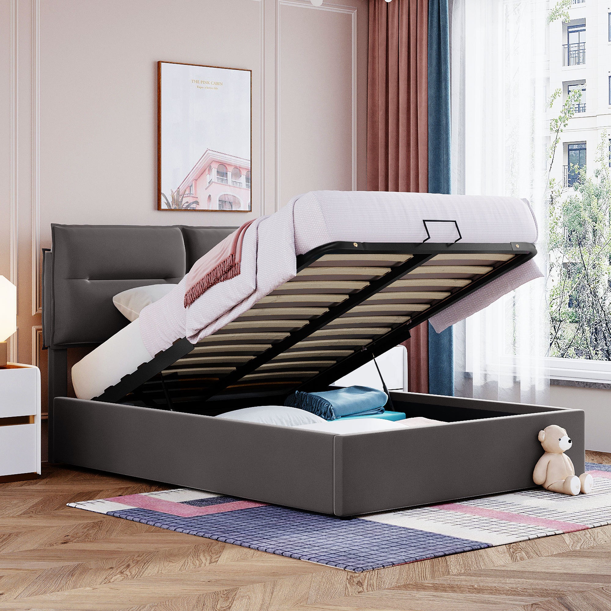 Upholstered Platform bed with a Hydraulic Storage System, Full size, Gray - Atlantic Fine Furniture Melbourne FL
