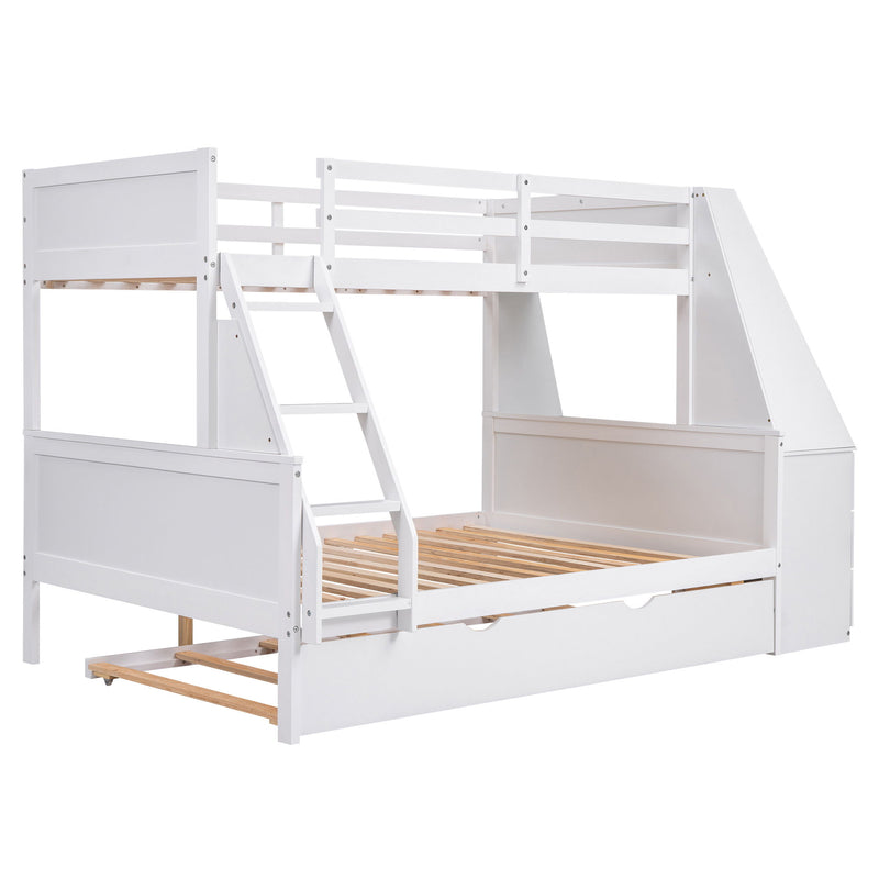 Twin Over Full Bunk Bed With Trundle And Built-In Desk, Three Storage Drawers And Shelf - White