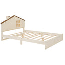 Full Size Wood Platform Bed with House-shaped Headboard and Built-in LED, Walnut+Milk White