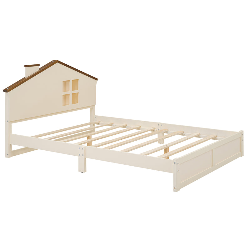 Full Size Wood Platform Bed with House-shaped Headboard and Built-in LED, Walnut+Milk White