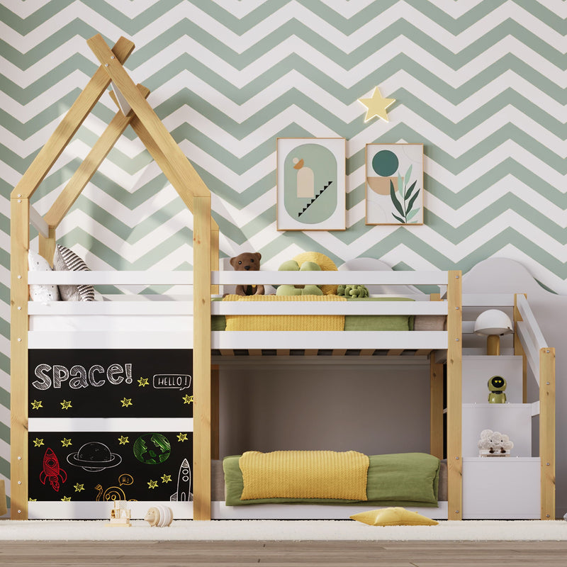 Twin Over Twin House Bunk Bed With White Storage Staircase And 2 Blackboards - White / Natural