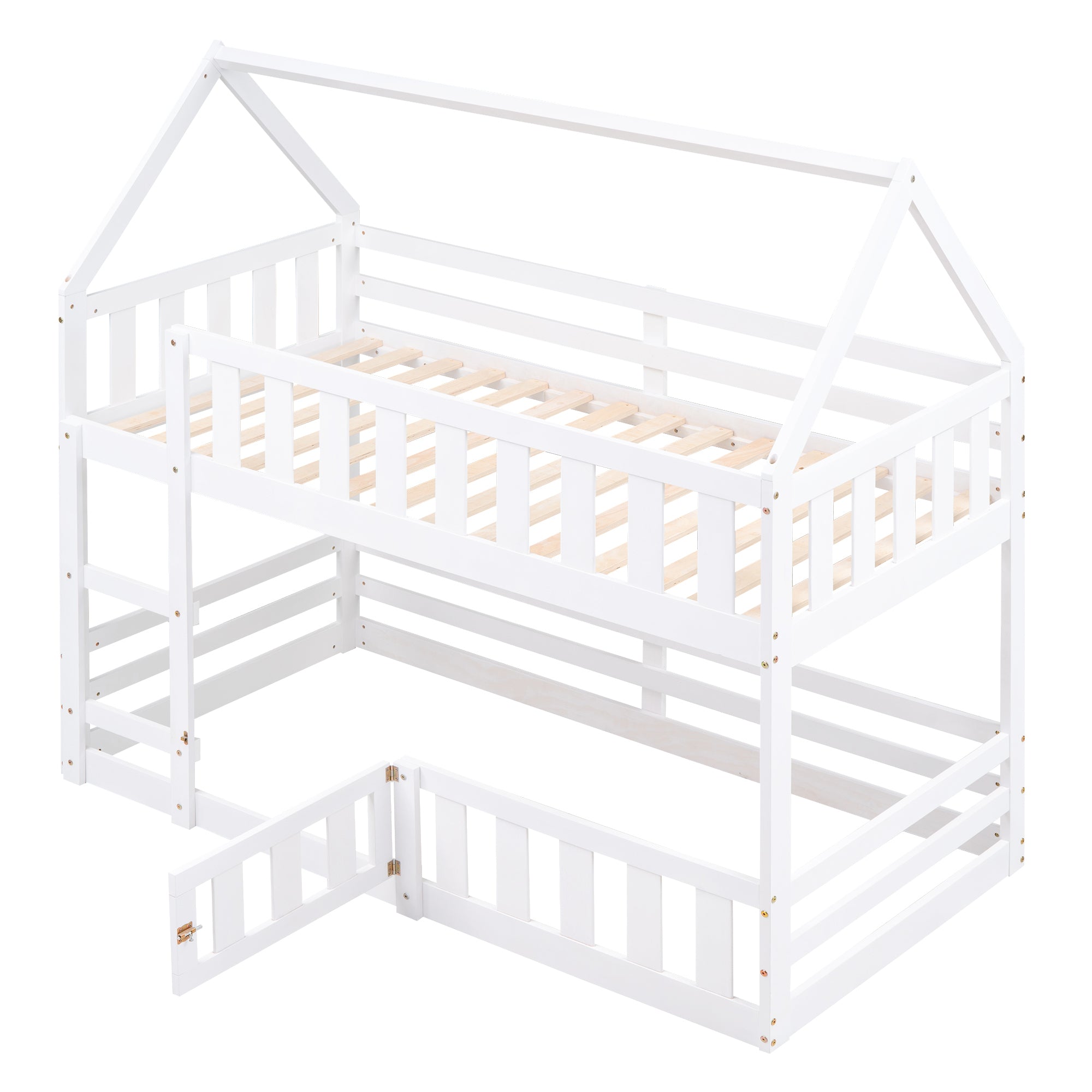Twin over Twin House Bunk Bed with Fence and Door, White - Atlantic Fine Furniture Melbourne FL