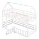 Twin over Twin House Bunk Bed with Fence and Door, White
