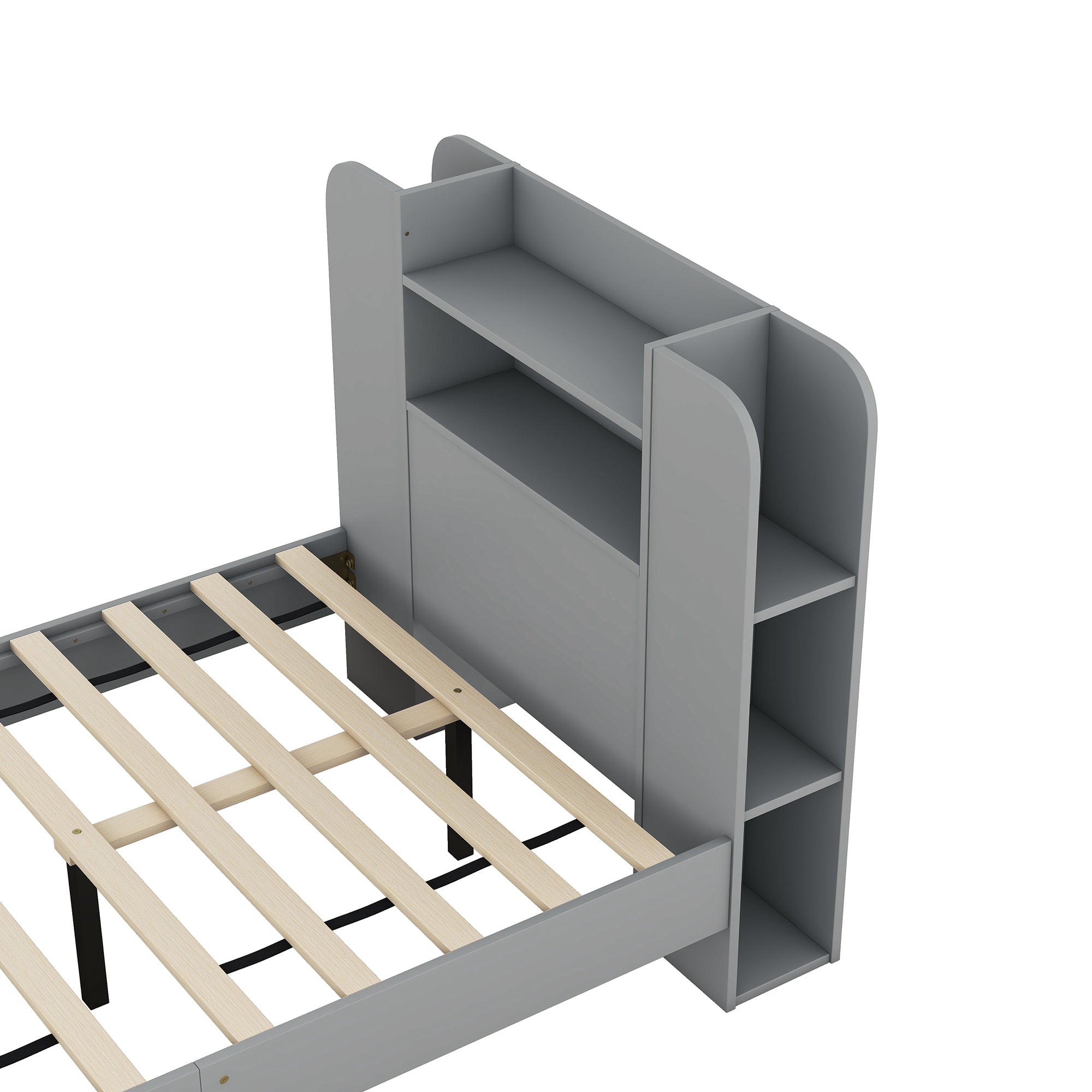 Twin Size Platform Bed with Storage Headboard,Multiple Storage Shelves on Both Sides,Grey - Atlantic Fine Furniture Melbourne FL