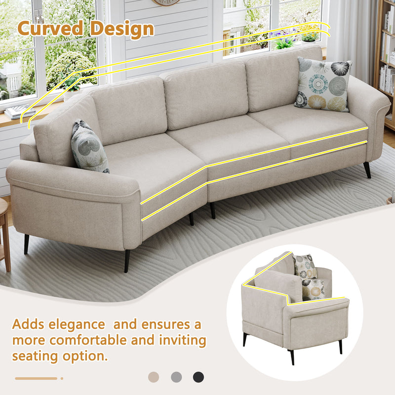 Upholstered 3 Seater Curved Sofa With Printed Pillows Chenille