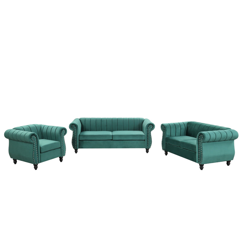 Modern Three Piece Sofa Set With Solid Wood Legs, Buttoned Tufted Backrest - Frosted Velvet Upholstered Sofa Set Including Three Seater Sofa, Double Seater And Living Room Furniture Set Single Chair