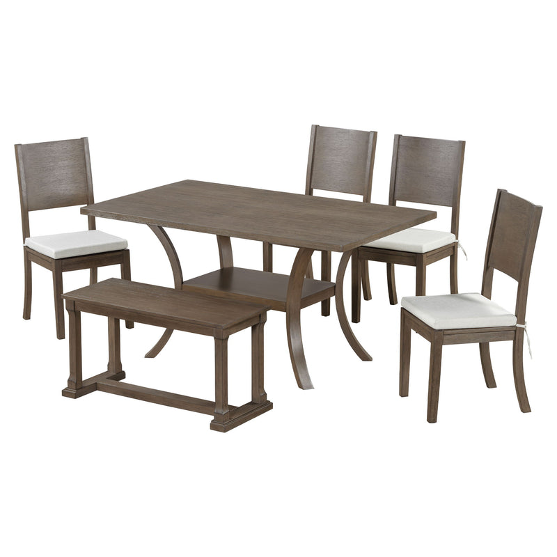 Topmax - 6 Piece Wood Dining Table Set With Storage Shelf And Curved Legs, Kitchen Table Set With Bench And 4 Removable Cushions Dining Chairs, Modern Style