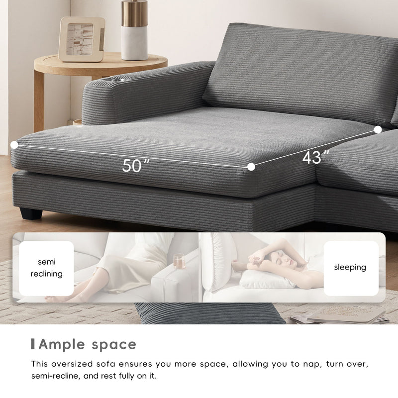 Oversized Corduroy Sectional Sofa, L Shaped Cloud Couch With USB Charging Port, Cup Holder, Deep Seat Sofa Bed With 50" Chaise, Comfy Indoor Furniture For Living Room