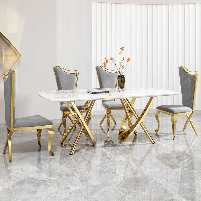 Marble Pattern Dining Table With Stainless Steel Base, Rectangular, Seats 6 Or 8 - Gold
