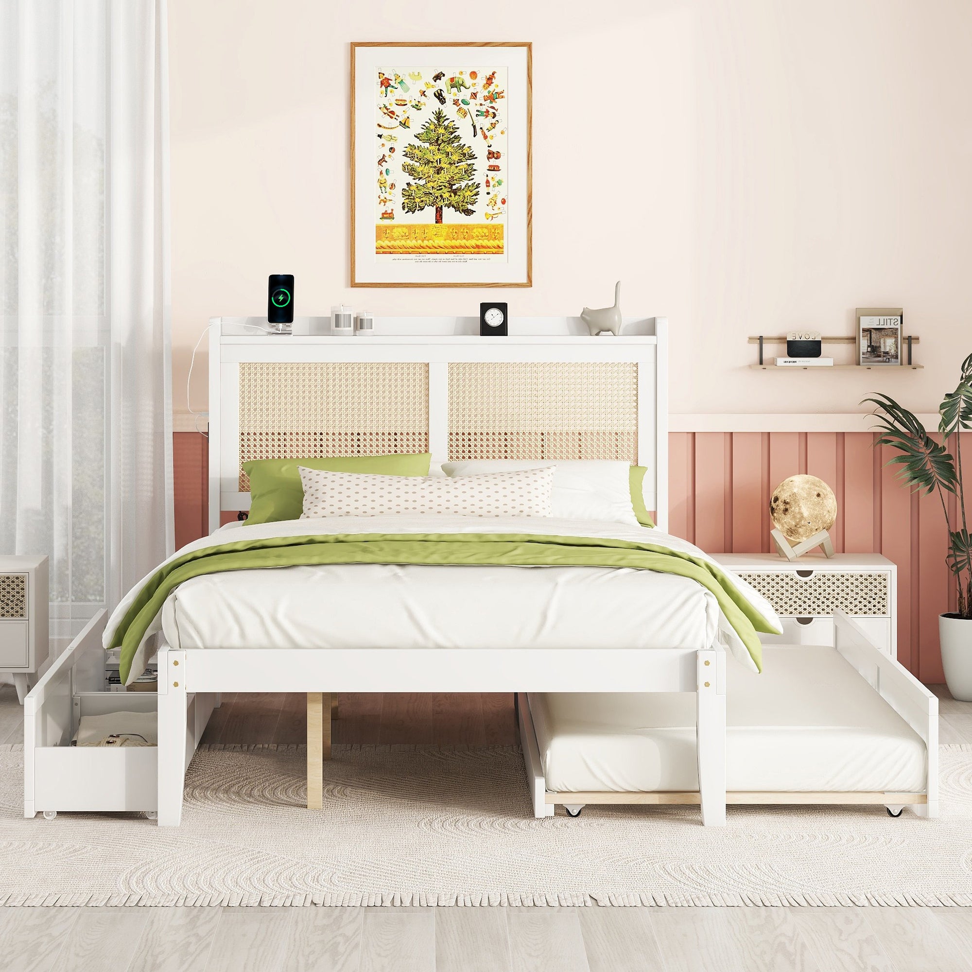 Full Size Elegant Bed Frame with Rattan Headboard and Sockets ,White - Atlantic Fine Furniture Melbourne FL