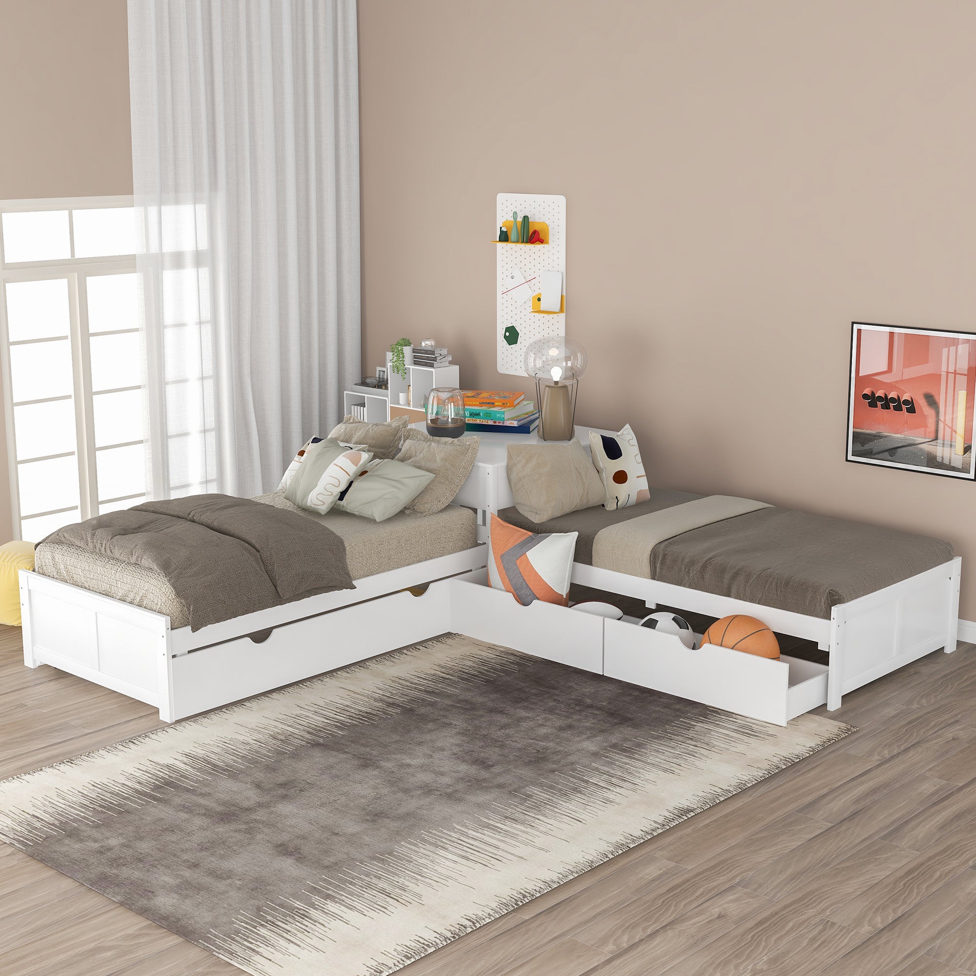 L-shaped Platform Bed with Trundle and Drawers Linked with built-in Desk,Twin,White - Atlantic Fine Furniture Melbourne FL