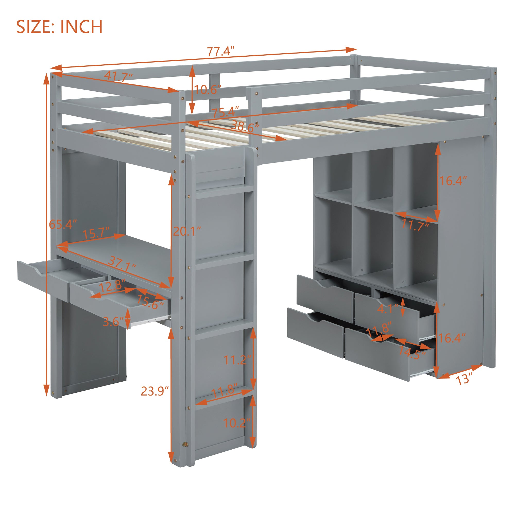 Twin Size Loft Bed with large shelves, writing desk and LED Light, Gray - Atlantic Fine Furniture Melbourne FL