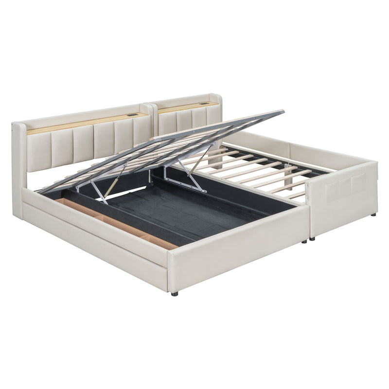 Upholstered Mother & Child Bed With Hydraulic Storage System, Drawer Box, Bedhead Storage Shelf And 2 Pairs Of Sockets & USB Ports