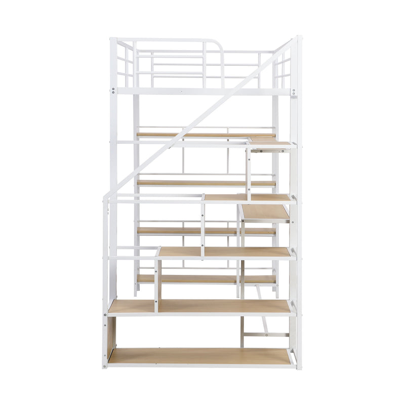 Twin Size Loft Bed With Built In Desk, Staircase Storage & 4 Tier Shelves - White