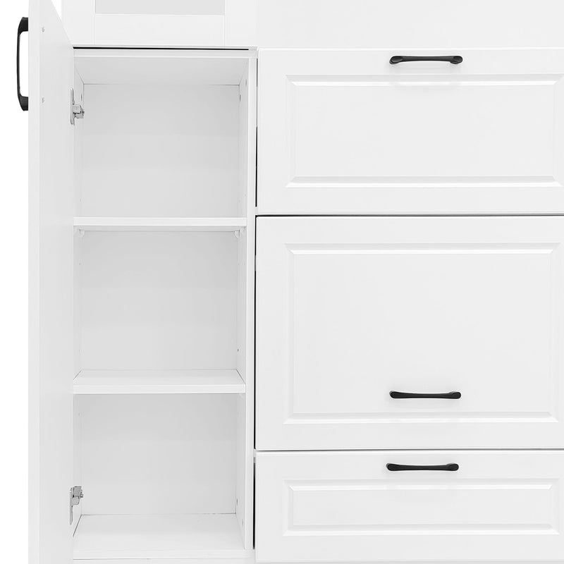 Entryway Bench With Integrated Shoe Cabinet, 3 In 1 Design And Mirrored Cabinet Door, Hall Tree With 4 Sturdy Hooks And Foldable Seat For Entrance, Living Room - White